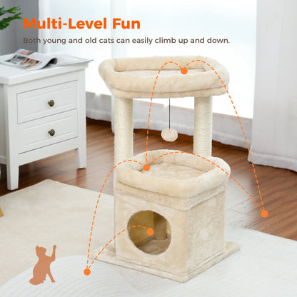 Cat Tree Condo 27" Cat Tower with Large Top Perch and Scratching Posts for Kittens and Medium Cats, Gray